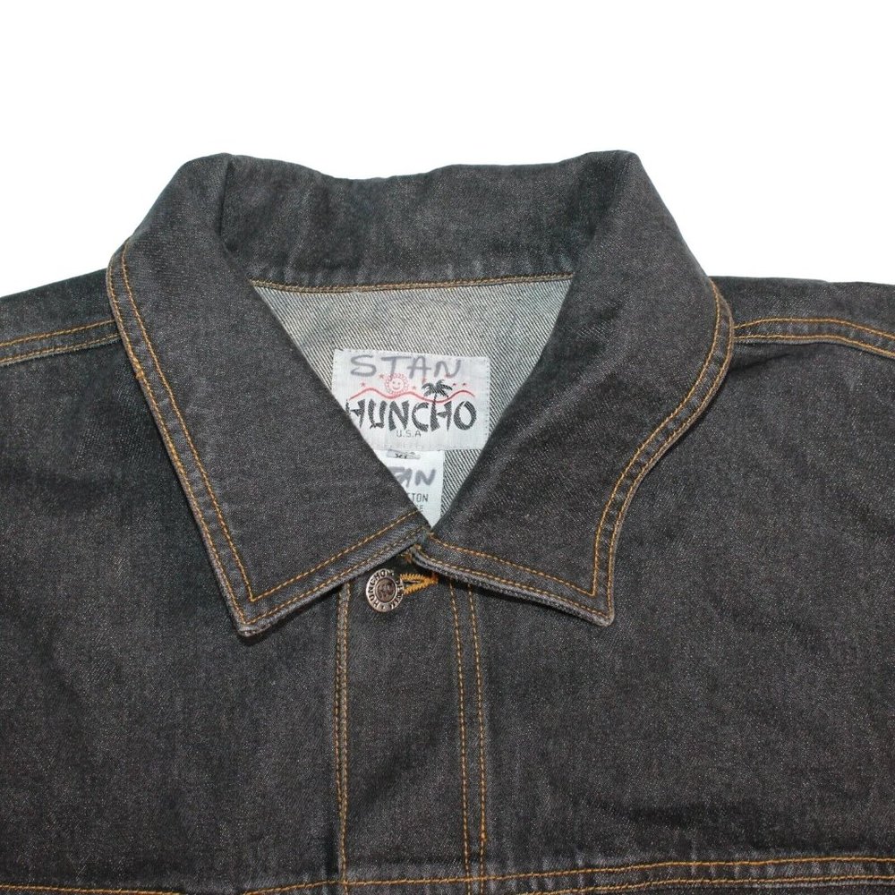 HUNCHO USA XL Black Denim Hip Hop Streetwear Prison Yard Embroidered Jean Jacket - Picture 7 of 12